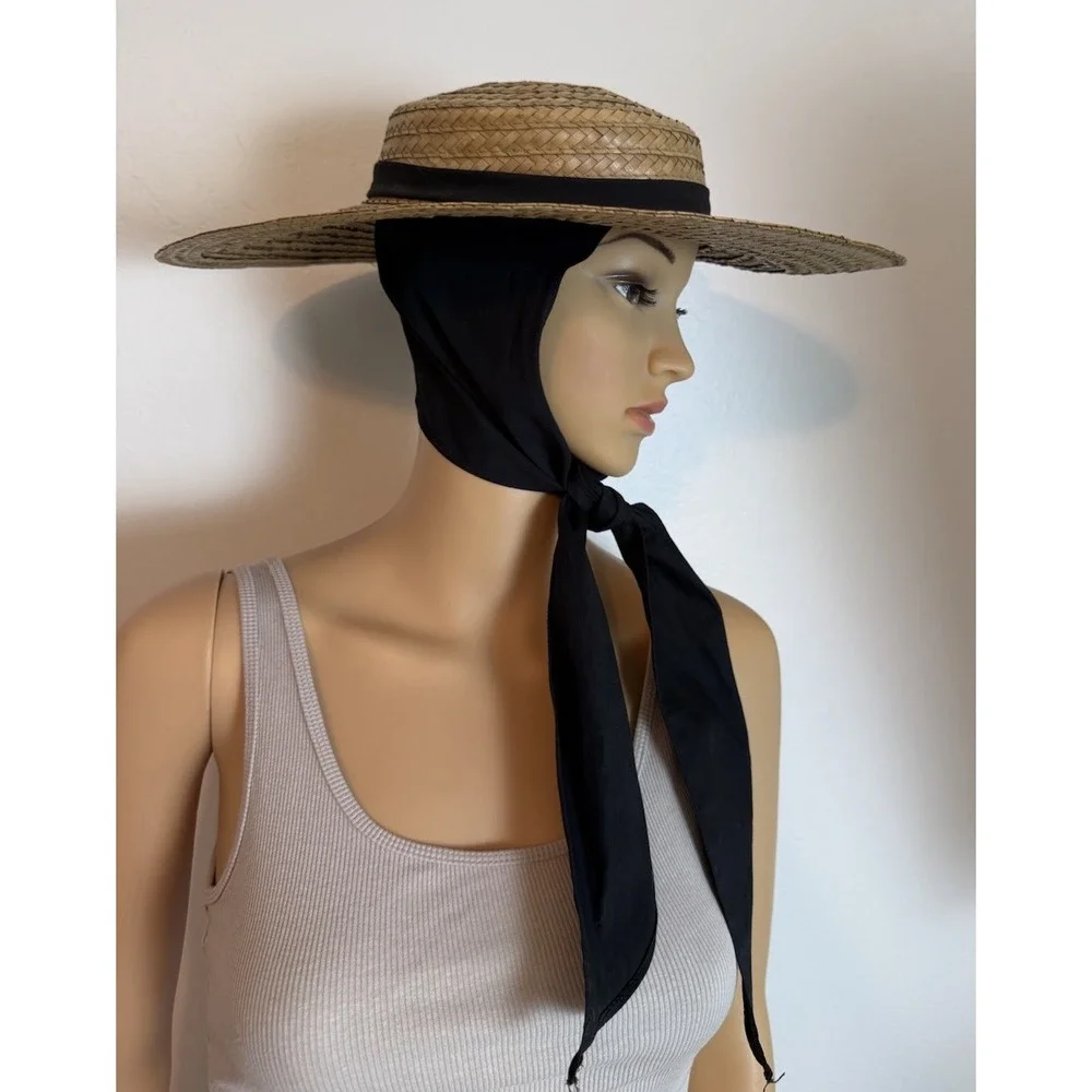Vintage Straw Sun Hat Wide Brim Black Scarf Tie Garden Party Victorian Style 70s - Picture 4 of 9